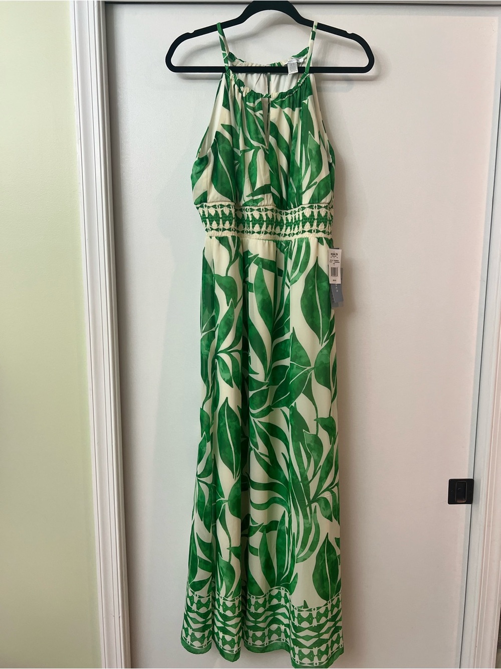 London Times Cream and Green Leaf-Print Halter Maxi Summer Dress